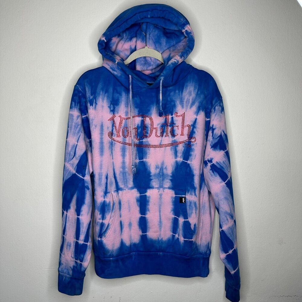 Von Dutch SET Blue Pink Tie Dye Red Rhinestone Logo Oversize Hoodie & Pants